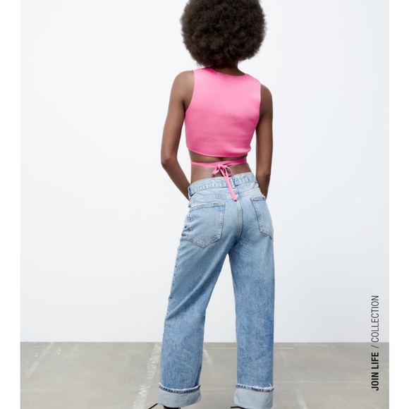 ZARA Knotted crop tie front and belly pink top - Picture 4 of 10